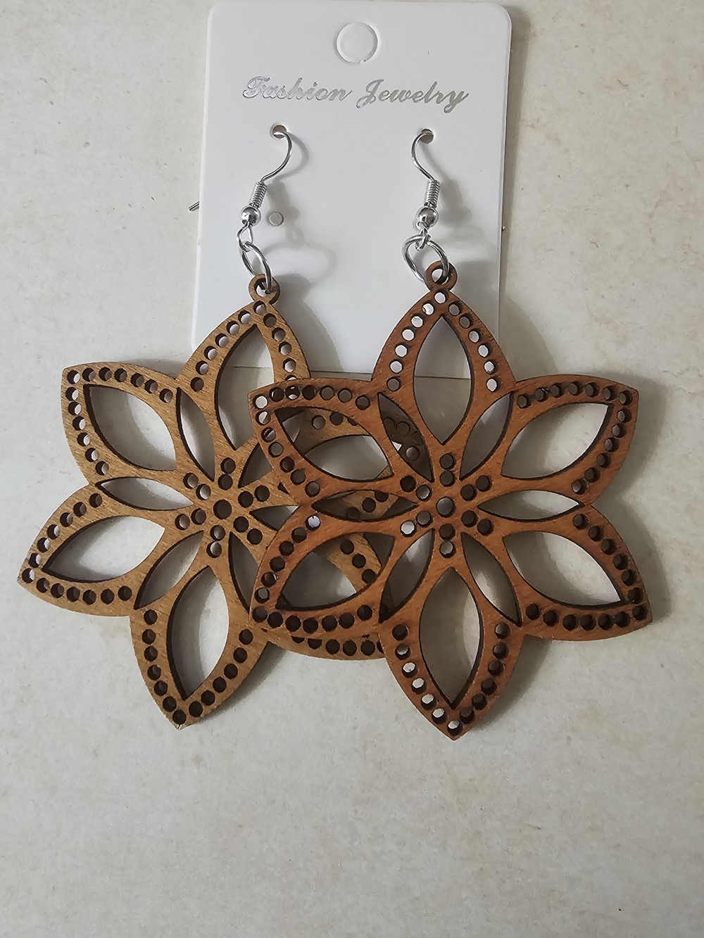 Wooden Floral Cutout Dangle Earrings - Brown